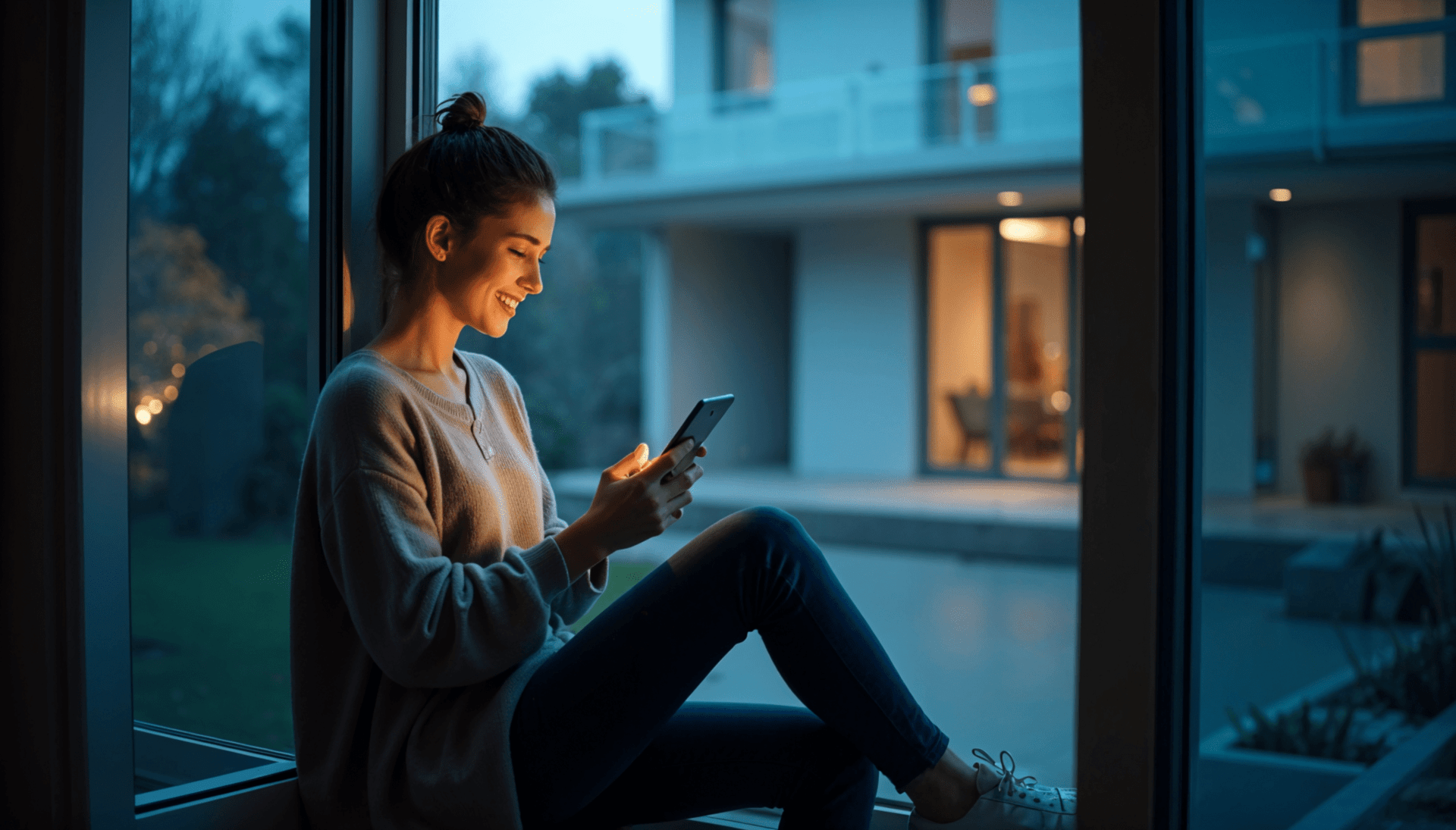 Eine junge Frau, bekleidet mit einem grauen Pullover und blauen Jeans, lächelt, während sie ein schwarzes Smartphone auf einer Fensterbank benutzt. Im Hintergrund ist ein modernes Haus mit Garten zu sehen.