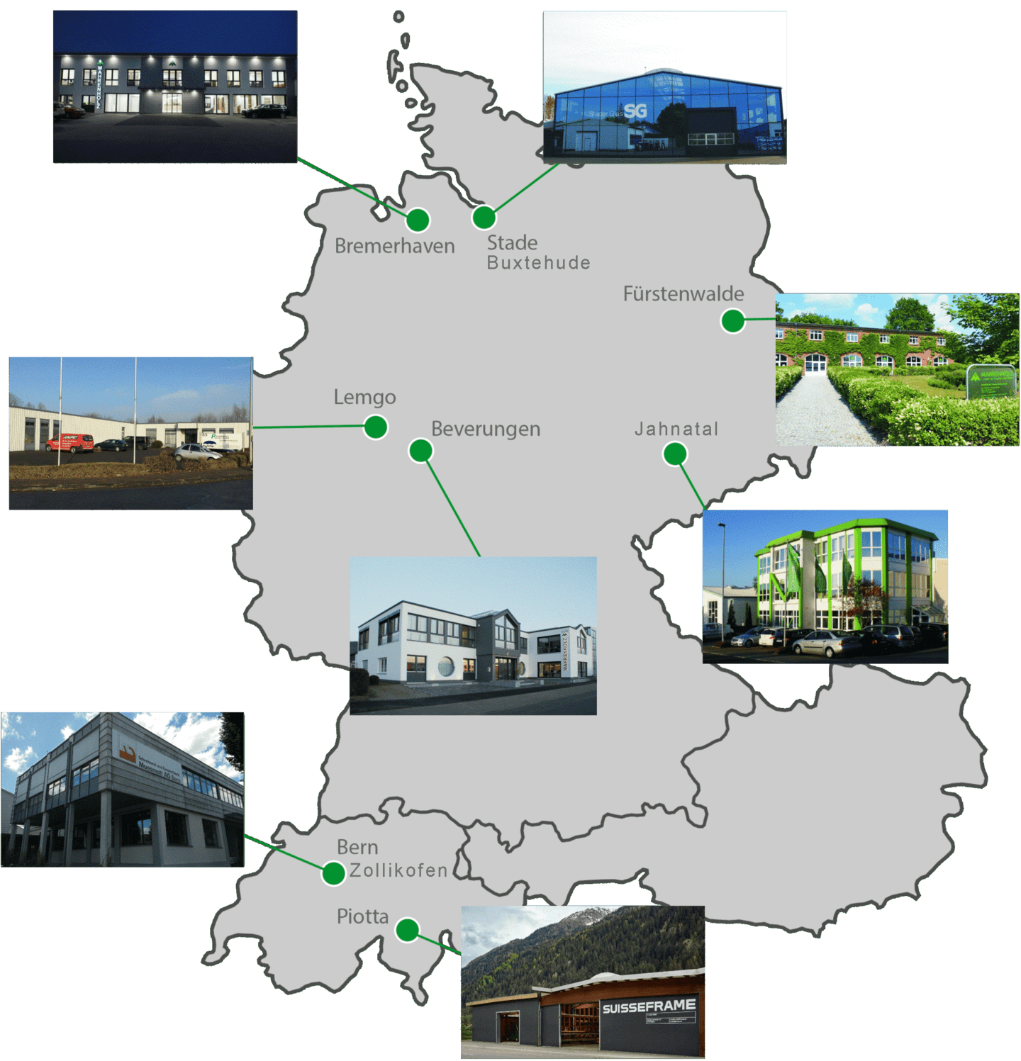 Auf einer Landkarte werden die Standorte der MAHRENHOLZ-Gruppe aufgezeigt. Zusätzlich werden Die Standorte mit einem Foto dargestellt.