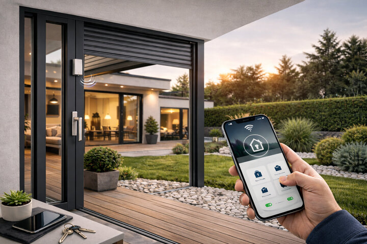 Ein modernes Haus mit schwarzer Fassade und weißen Akzenten verfügt über eine Holzterrasse, Topfpflanzen und eine Glasschiebetür; zu sehen ist eine Hand, die ein Smartphone hält, auf dem eine Smart-Home-App angezeigt wird.