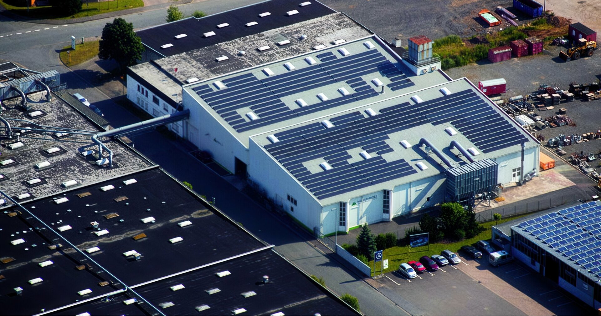 Die Luftaufnahme eines großen Industriekomplexes zeigt ein weißes Gebäude, das Mahrenholz-Werk 2 in Beverungen, mit blauen Solarpaneelen, einen roten Turm und einen Parkplatz, umgeben von einem Maschendrahtzaun und einer Rasen- sowie Parkplatzfläche.