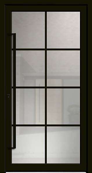 Eine schwarze Tür mit einer rechteckigen Glasscheibe, die in acht kleinere Scheiben unterteilt ist, befindet sich in einem schwarzen Rahmen, wobei eine weiße Wand und ein schwarzer Türgriff durch das Glas sichtbar sind.