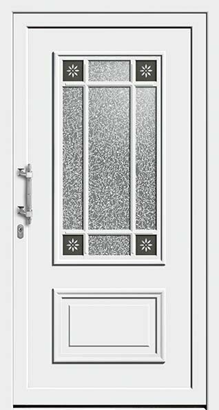 Eine weiße Tür mit einer Milchglasscheibe, die ein Raster aus kleinen, quadratischen und runden Motiven aufweist, ist in einen weißen Rahmen mit einem silbernen Griff und Schloss eingefasst.