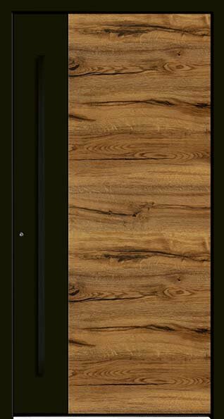 Eine moderne Haustür mit vertikaler Aufteilung 1/3 dunkler Fläche mit Griffstange und 2/3 Holzmaserung.